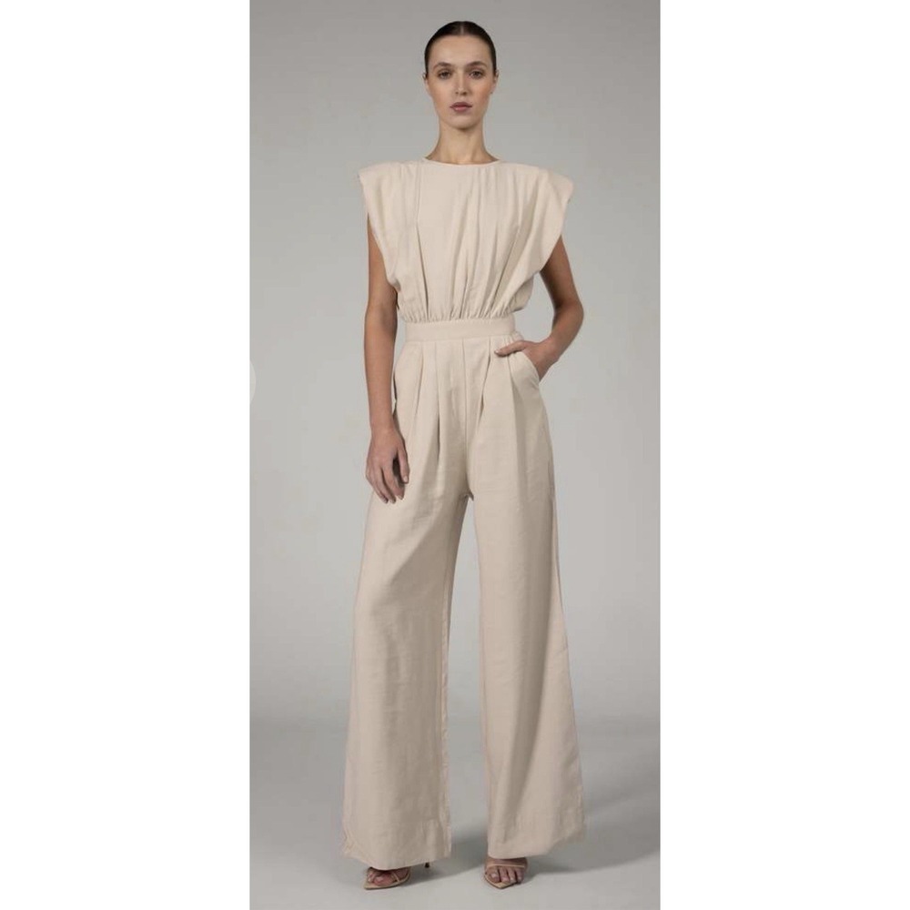 Nonchalant Label Josie Jumpsuit In Oat Size Small Square Shoulder Pleated‎